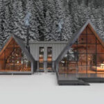 Modern Chalet In Winter With Snow Covered Trees On Background