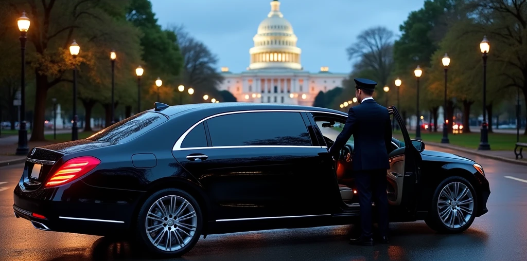 Luxury chauffeur service in Washington DC with a black sedan near the U.S. Capitol, driven by a professionally dressed chauffeur.