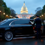 Luxury chauffeur service in Washington DC with a black sedan near the U.S. Capitol, driven by a professionally dressed chauffeur.