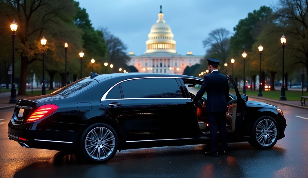 Luxury chauffeur service in Washington DC with a black sedan near the U.S. Capitol, driven by a professionally dressed chauffeur.